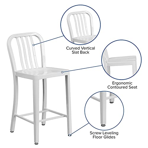 Flash Furniture Commercial Grade 24" High White Metal Indoor-Outdoor Counter Height Stool With Vertical Slat Back #TOP3