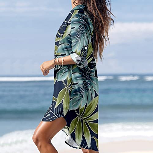 Saída de praia feminina manga comprida abotoada blusa floral casual biquíni maiô, B-854 azul-marinho