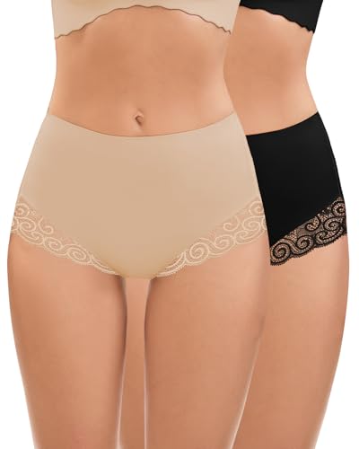 WOWENY Women Shapewear Underwear Tummy Control Knickers No Vpl Lace Seamless Panties Mild Compression Slimming Body Shaper Smooth(Black+beige,M)
