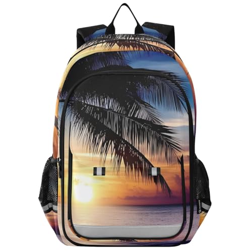 Beach Landscape Sunset Large Backpack for Men Women Travel Laptop Daypack Book Bag Shoulder Bag Cute Cool Funny Backpack with Reflective Strip 12.9 ×17.7 In