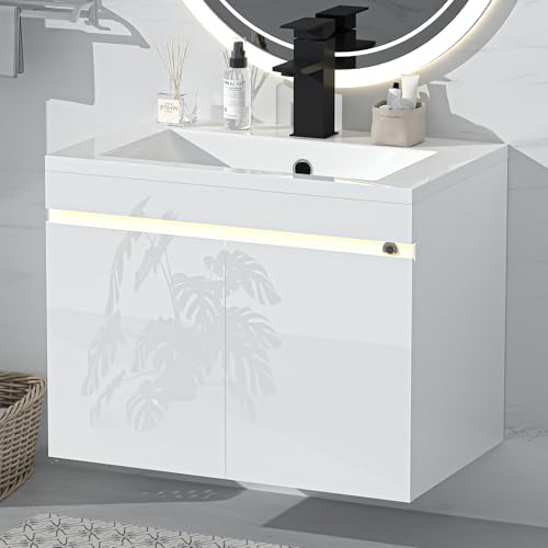 AHB 24 inch Bathroom Vanity W/Sink Combo, High Gloss Bathroom Cabinet, Smart Wall Mounted Sink Cabinet Auto Motion Sensor LED Light, Modern Floating Vanity with Faucet