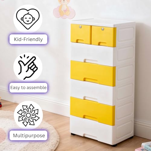 Image of The Tickle Toe 7-Drawer Plastic Kids Cabinet | Lockable Storage Organizer with 5 Big & 2 Small Drawers | Portable & Child Safe | 51L x 33W x 121H cm | Yellow & White