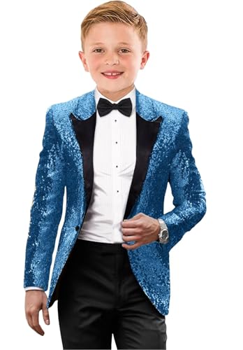Boys Fashion Suit Sequins Prom Tuxedo Slim Fit 2 Piece Blue Dress Clothes Shiny Jacket Pants with Bowtie Set 4T