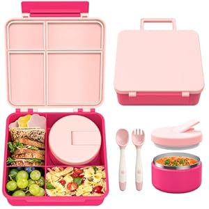 Bento Lunch Box with 8oz Soup Thermo, Leak-Proof Lunch Containers with 4 Compartment, Thermo Hot Food Jar and Insulated Lunch Box for School Pink