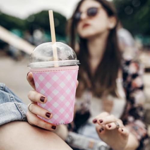Image of Reusable Insulated Sleeve for Iced Coffee Cup, Coffee Neoprene Sleeve for Cold & Hot Drinks, Beverage Holder for Iced Coffee (Blush Gingham, Large: 32oz)