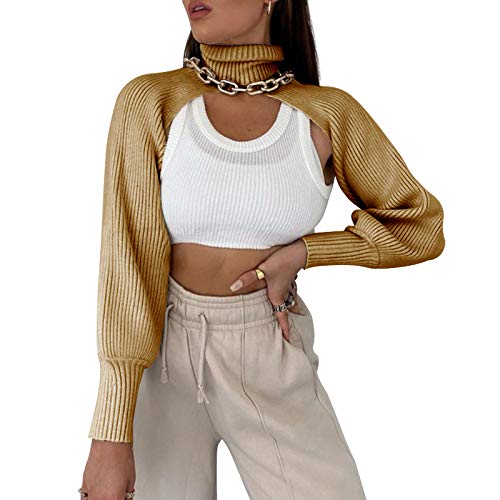 Image of High Collar Long Puff Sleeve Sweater Knitwear Solid Color Pullover Crop Top Ultra Short Turtleneck Sweatshirt