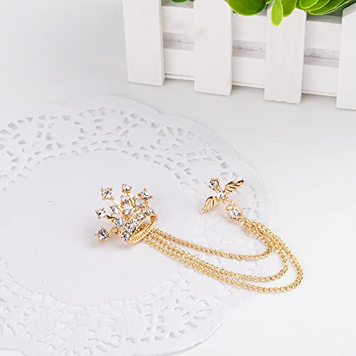 Image of Crystal Crown Cross Chain Brooch Pin,Long Chain Tassel Wing Suit Lapel Pin Rhinestone Crown Badge Pin Jewelry for Women Men Birthday Gifts