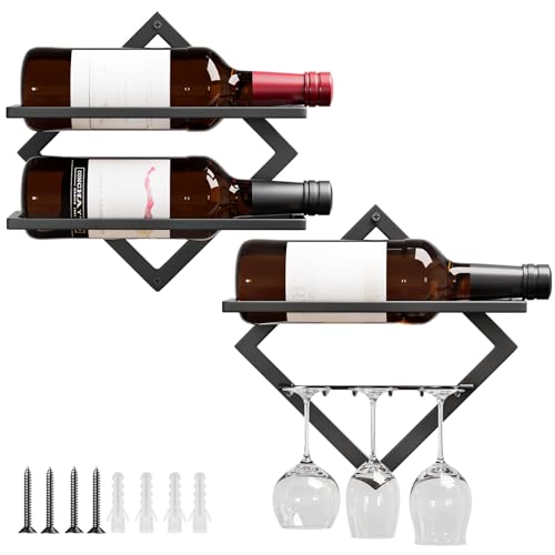 YORBAY Botellero de Pared Metálico con Portavasos: Botellero Vino Decorativo Moderno para 3 Botellas y hasta 6 Copas   Mueble Bar Ahorra Espacio para Salón Bar Cocina