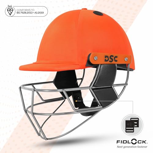 Image of DSC Empra Titanium BSI Approved Professional Cricket Helmet | BS7928 Certified Pro-Standard Hard Ball Helmet with Ultra-Light Titanium Grill & Advanced Shock Absorption | Color: Orange | Size: M