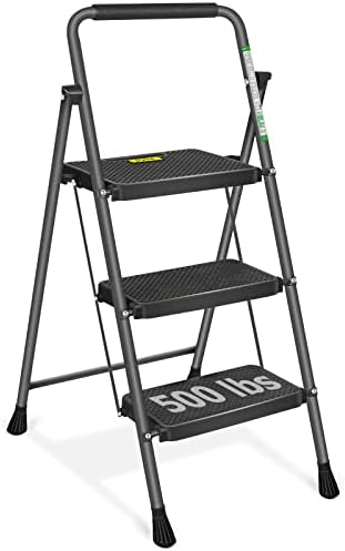3 Step Ladder Folding Step Stool with Wide Anti-Slip Pedals and Comfort Handgrip for Kitchen Household and Office, Lightweight Capacity 500lbs Sturdy Step Ladder (Dark Grey)