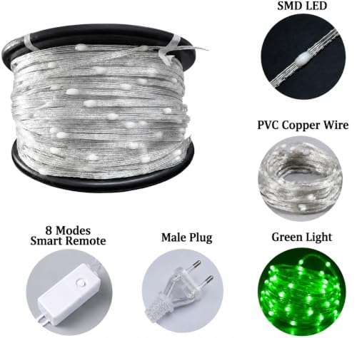 Image of fizzytech Rice Fairy String Lights, 10 Meter Copper Wire Point Control Lights with 8 Flash Modes for Diwali, Christmas, Wedding, Window, Garden & Home Decoration - Green, 100 LED