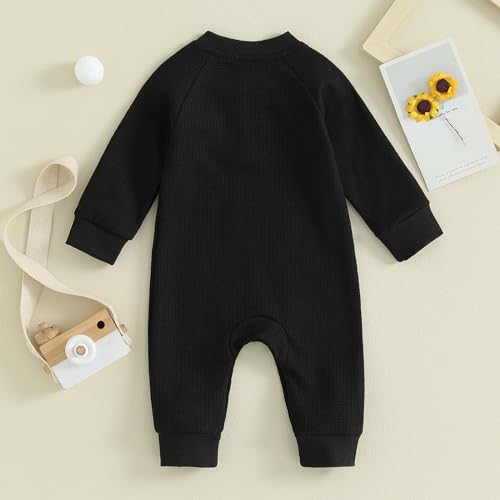Kuriozud Newborn Baby Boy Girl Clothes Button Solid Long Sleeve Romper Jumpsuit Basic One Piece Outfits Waffle Long Sleeve Black, 0-3 Months - Thumbnail 3