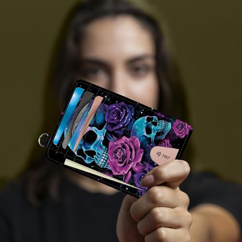 Image of Small Travel Wallets, Neon Sugar Skull Slim Minimalist Front Pocket Wallet with Wristlet, RFID Blocking PU Leather Credit Card Holder with ID Window Change Purse for Men Women
