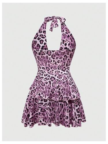 Image of SOLY HUX Women's Cheetah Print Backless Halter Mini Dress | Y2k Style Dresses, Gothic, Deep V Neck , Leopard Animal Print, Plus Size, Layered Ruffle