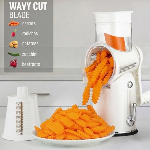 Image of Zulay Kitchen Rotary Cheese Grater 5 Blade Cheese Shredder - Manual Hand Crank Cheese Grater With Reinforced Suction & 5 Interchangeable Drums - Easy to Use, Vegetable Chopper Round Mandoline Slicer