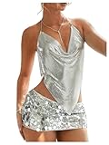 SHENHE Women's Sequin Halter Tops Rhinestone Open Back Cowl Neck Chain Sexy Clubwear Tops Silver Small
