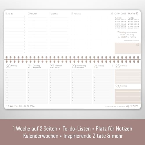 Häfft® Wochen-Tischkalender 2026 quer mit Aufsteller Soft Beige 1 Woche 2 Seiten, Schreibtisch-Kalender mit Sprüchen, Wochenkalender 29,7 x 11,6 cm - nachhaltig & klimafreundlich