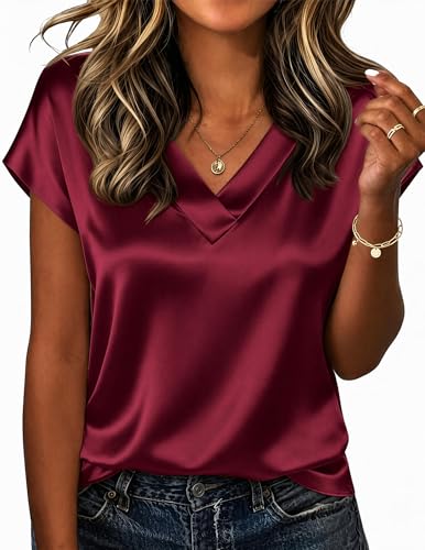 Zeagoo Womens Satin Tops Dressy Casual V Neck Tee Silk Shirts Short Sleeve Tshirts Quiet Luxury Clothes Wine Red