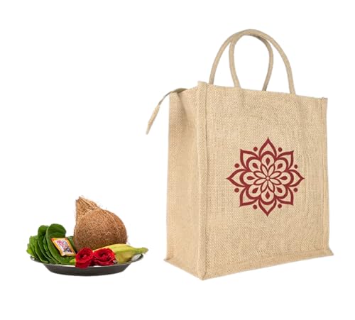 Image of Soman Jute Ecofriendly Return Gift Bags Rangoli printed with Zip Natural Pack of 10 Bags