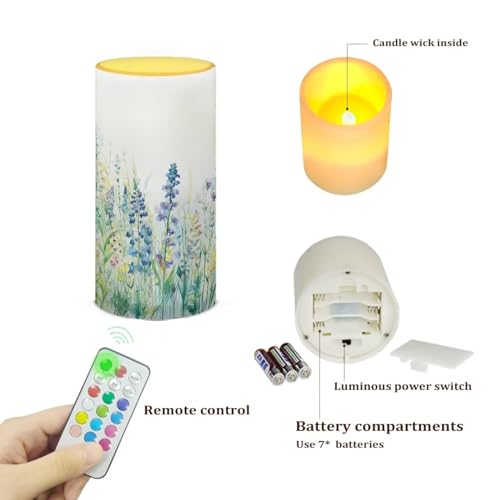 Image of Flameless Candle with 18 Key Remote 4 /8 Hours Timing Color Changing Flickering Realistic Votive Electric Candle for Patio Desktop Home Ornaments, Blue Green Floral