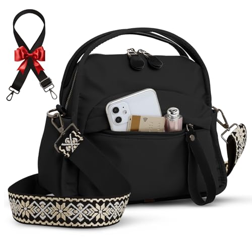 Nylon Crossbody Bags for Women Water-Resistant Lightweight Shoulder bag with Large Capacity & Organized Design Top Handle Bag with 2 Interchangeable Adjustable Shoulder Straps(Black)
