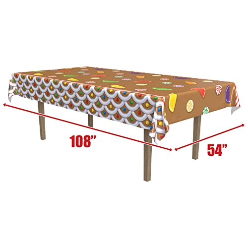 Image of Beistle Gingerbread House Tablecovers, 54 inch x 108 inch, 2 Pieces - Plastic Table Cloth, Rectangular Tablecloth, Table Covers for Party, Gingerbread Party Supplies, Christmas Decorations