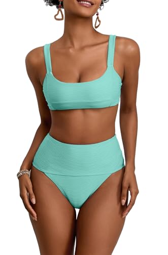Womens High Waisted Bikini Set Ribbed Scoop Neck Bandeau Swimsuit Cheeky High Cut Grils Sporty Bathing Suits