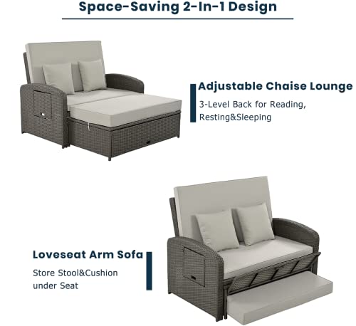 Lin-Utrend Double Chaise Lounge Outdoor, Rattan Pe Wicker Patio Double Reclining Chair, 2-Person Sunbed With 3 Adjustable Backrest With Furniture Protection Cover And Cup Tray,Gray #TOP4