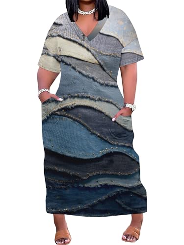 Image of SUZONANA Plus Size Denim Print Maxi Dresses for Women Casual V Neck Short Sleeve with Pockets Soft Jean Look Dress XL-6XL