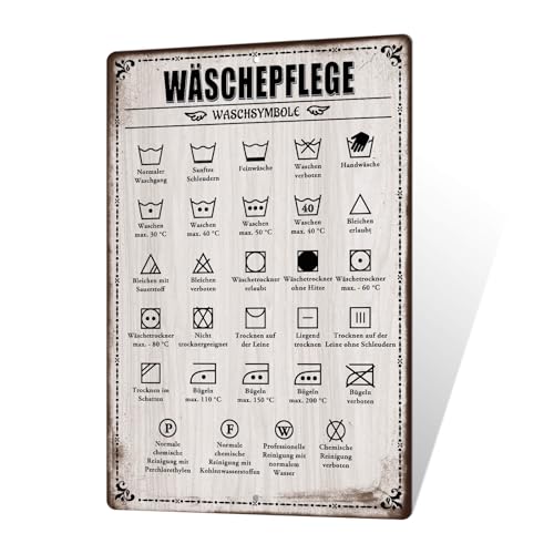 Putuo Decor Wäschepflege Blechschild – Waschsymbol Übersicht für Waschküche, Vintage Metall Wanddeko, 30x20cm