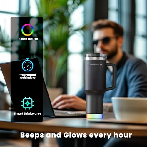 Image of Aquaminder Smart Tumbler with lid and Straw 1200ml Cup Holder Car Gym Yoga Travel Stainless Steel Vacuum SS304 Flask Mug,Nile (Black)