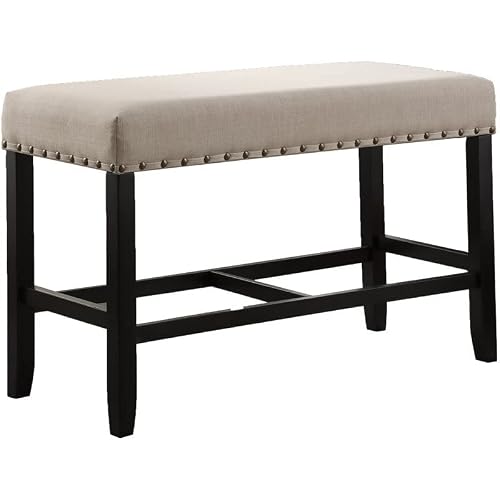 Roundhill Furniture Biony Fabric Counter Height Dining Bench With Nailhead Trim, Tan #TOP15