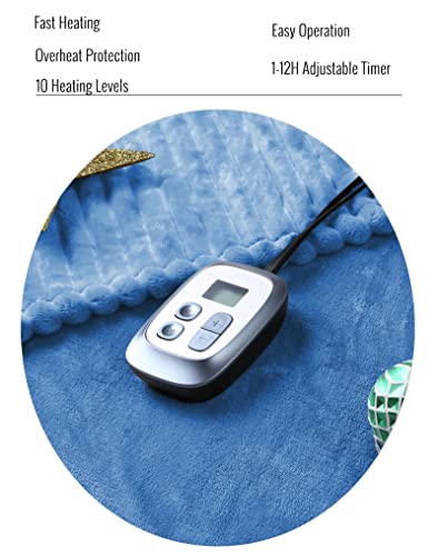 Heated Blanket Electric Throw Large Full Size 72"X84" With 10 Heating Levels & 12H Adjustable Auto Off, Super Soft Flannel Heating Blanket For Home Office Use, Light Blue #TOP3