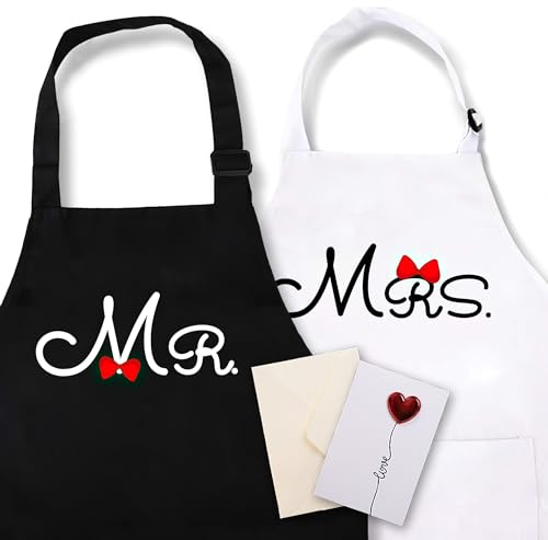 KAXAHHE Couples Apron 2 Pack Set, Mr. & Mrs. Aprons for Men Women with Pockets, Kitchen Cooking Aprons Wedding Anniversary Bridal Shower Engagement Valentine's Day Gift
