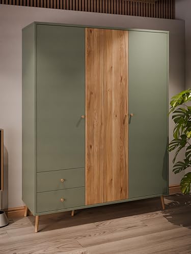 FORTE Harllson, einfache Montage Dank EasyKlix Kleiderschrank 3-türig, Salbei mit Holzdekor: Mauvella Eiche, 2 Schubladen, Einlegeböden, Kleiderstange, 154 cm breit x 202 cm hoch x 52 cm tief