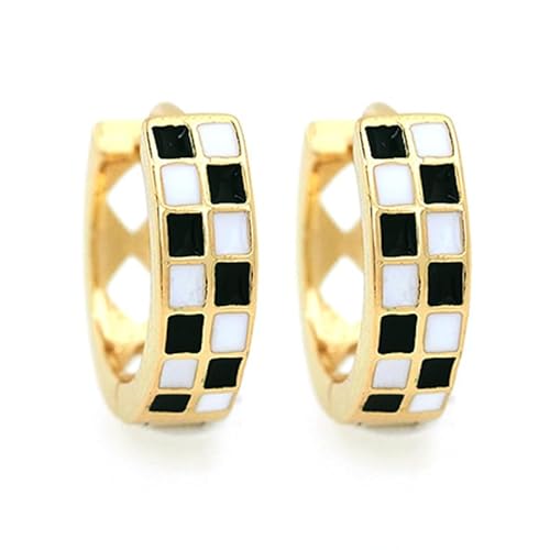 Checkered Earring For Women, Dainty Circle Checker Hoop Earrings, 18K Gold Plated Filled Enamel Checker Hoop Round Earrings, Hypoallergenic Fashion Trendy Jewelry Gifts (Hollow, Gold-Black)