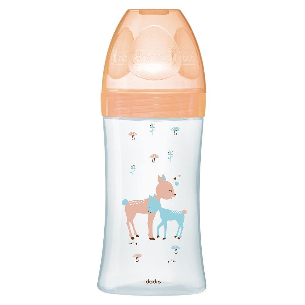 Dodie Babyflasche, Antikolik Sensation+, Glas, Beige, Hirschkuh, 270 ml, 0-6 Monate, flacher Sauger, Fluss 2