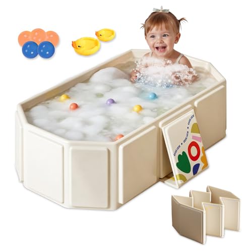 Bañera plegable para Niños: Bañera Grande para Niños Pequeños - Incluye 5 Pelotas y 2 patos - Bañera Integrada con Tapón de Drenaje - Bañera Portátil con Juguetes para Niños (White)