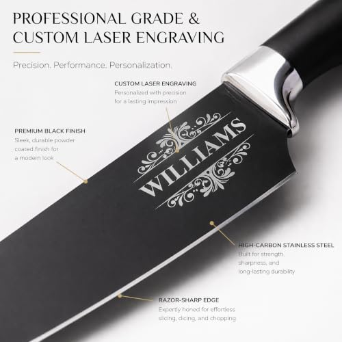 Image of Custom Engraved Black Kitchen Chef Knife- Razor-Sharp, Ultra-Light Blade with Artwork, Blade Cover & Red Velvet Gift Box - Personalized with Last Name, Premium Gift for Home Cooks and Chefs