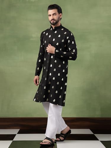 Image of SOJANYA (Since 1958 Men's Cotton Long Kurta with Golden Floral Motif Print