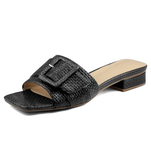 Image of Women's Slide Heeled Sandals Opened Square Toe Chunky Block Heel Slippers with Buckle Slip on Casual Comfortable Pumps