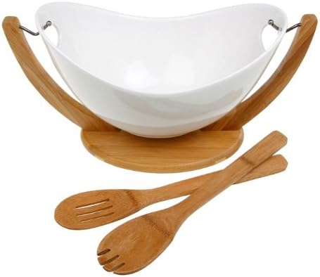 Superb Quality Large White Bamboo Swing Salad Bowl Set Kitchen New & Boxed