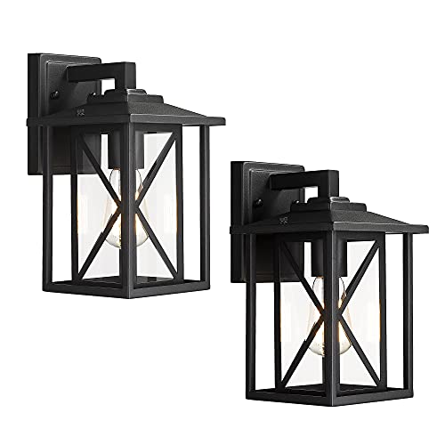 KAUEN Outdoor Wall Mount Light Fixtures,12.4-Inch Exterior Sconces Wall Lighting in Textured Black Finish w/ Clear Glass - 2453-1W-2PK