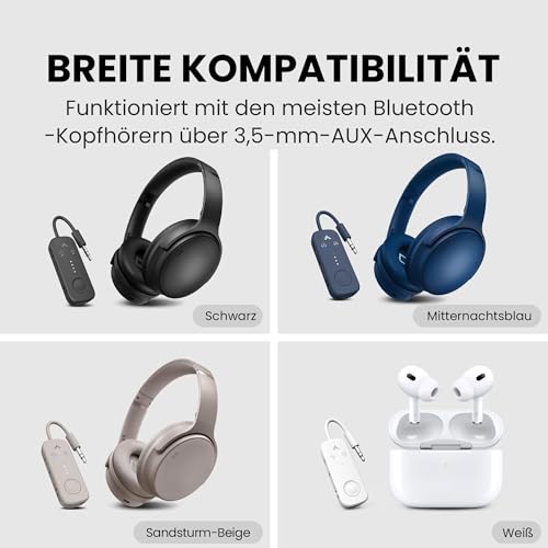 Avantree Relay – Bluetooth 5.3 Adapter für Flugzeug mit Qualcomm aptX Adaptive, für 2 AirPods oder Kopfhörer, 20 Std. Wiedergabezeit, 3,5mm AUX Klinke Transmitter Sender für Reisen, Fitnessstudio
