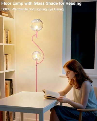 Image of Lightdot Pink Floor Lamp, Mid Century Tall Standing Lamps with Globe Clear Glass Shade Soft Warm White Bulbs Included, Modern Unique Floor Lamp for Living Room /Bedroom /Sofa Beside /Corner Decor