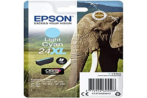Epson 24XL Eléphant Cyan clair, Cartouche d'encre d'origine XL Haute capacité, XP-55 XP-750 XP-760 XP-850 XP-860 XP-950 XP-960 XP-970
