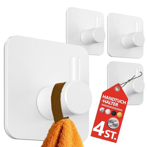 4smile Lot de 4 porte-serviettes sans perçage en blanc - Porte-serviettes de salle de bain imperméables en acier inoxydable - Crochets adhésifs pour salle de bain, cuisine - Crochets extra solides