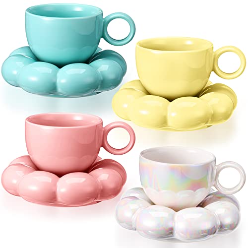 Sumind 4 Pack Ceramic Coffee Mug With Sunflower Coaster Ceramic Cloud Mug Creative Cute Cup Flower Coffee Cup Saucer Set Pearl White Yellow Blue Pink 6.5Oz/ 200Ml For Office Home Coffee Tea Latte Milk #TOP26