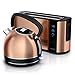 Arendo - Edelstahl Wasserkocher und Toaster in Kupferoptik - Wasserkessel max. 2200W - Kalkfilter - 1,7 Liter - 2 Scheiben Langschlitztoaster, inkl. Brötchenaufsatz - Frühstücksset