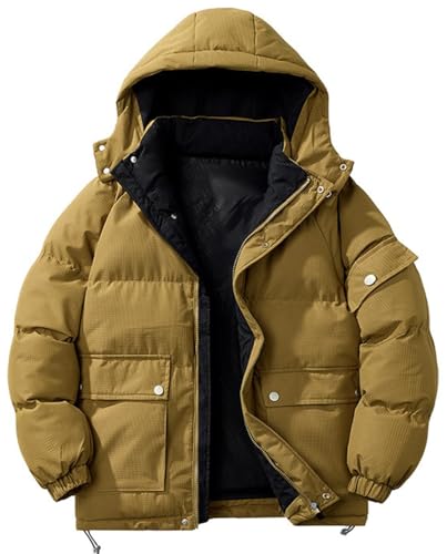 Men's Winter Coat Warm Puffer Jacket Detachable Hood Thickened Quilted Jackets Ski Outerwear with Pockets